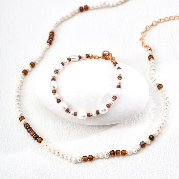 ✨ Artisan Original Design Freshwater Pearl & Amber Glass Beaded Bracelet | S925 - Picture 6 of 9